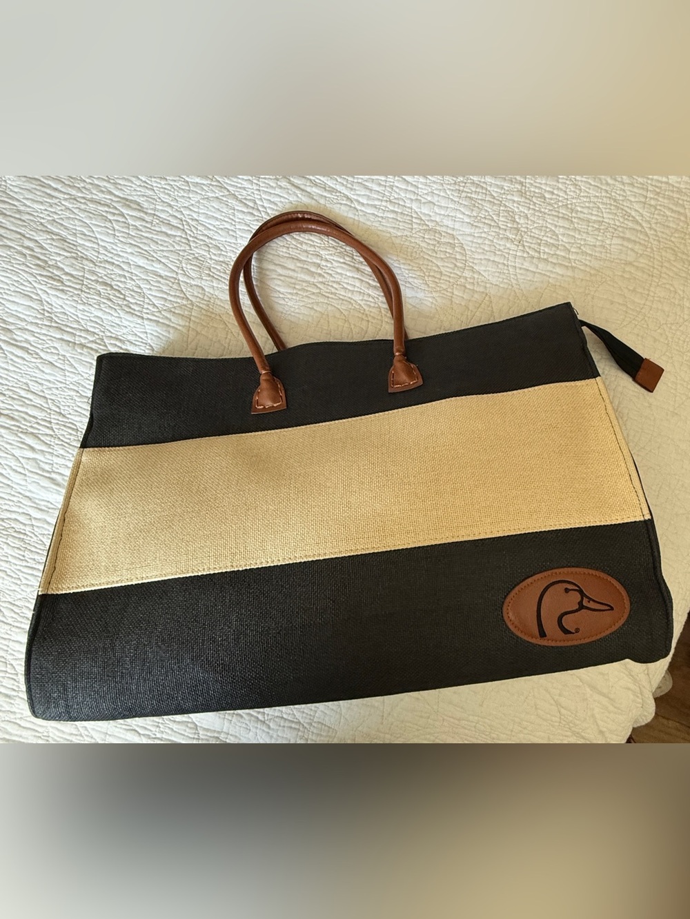 MSC Mainstreet Collection Canvas Stripe Tote Bag Faux Leather Trim - Black/Beige